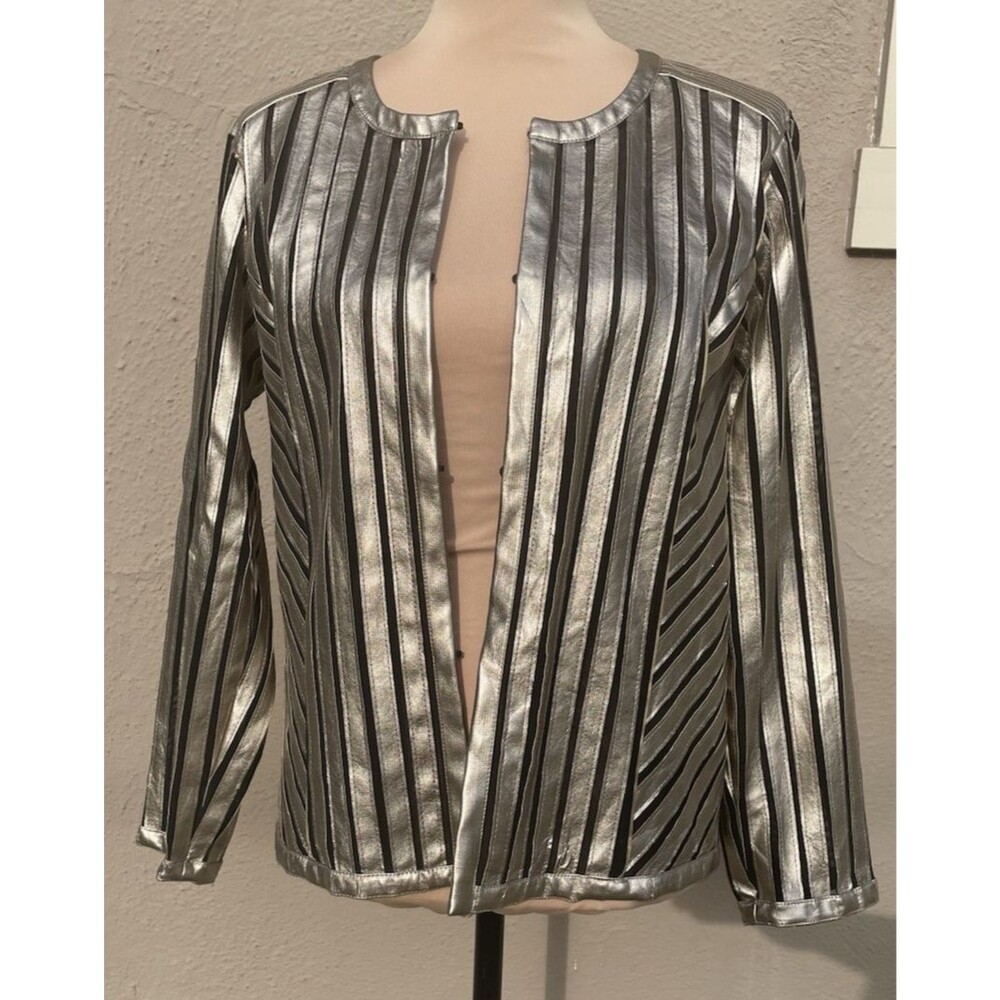 JM Collection Petite Jacket Golden Black Crewneck No Buttons Luxe Stripe